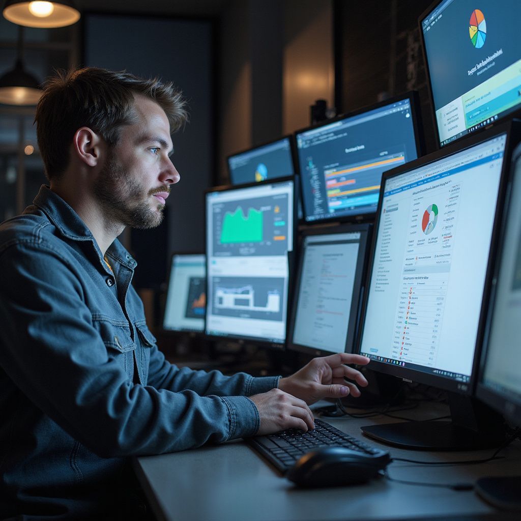 Man in a dimly lit room, working on multiple computer screens, analyzing data.