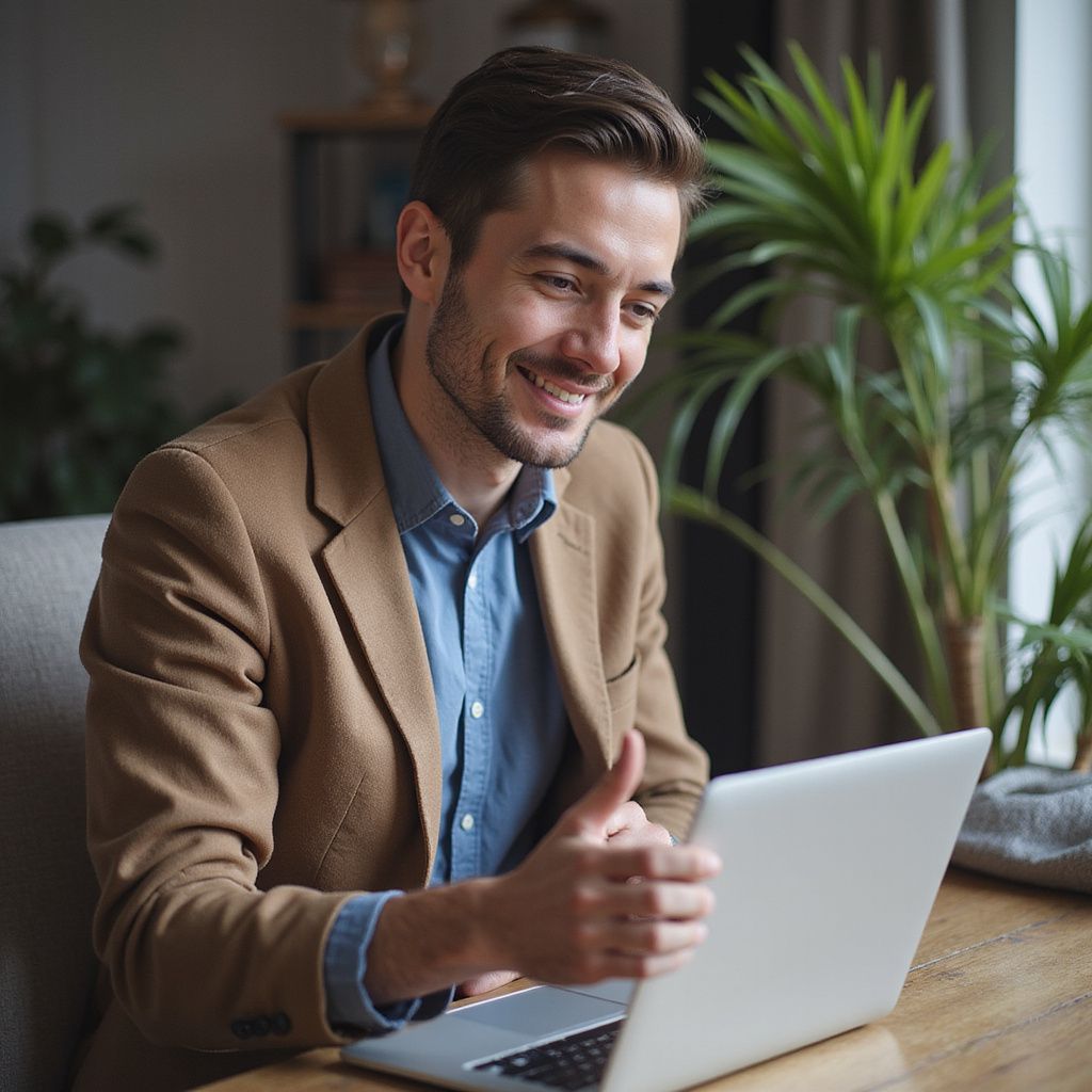 Man in tan blazer smiling, looking at laptop, gesturing with his hand.