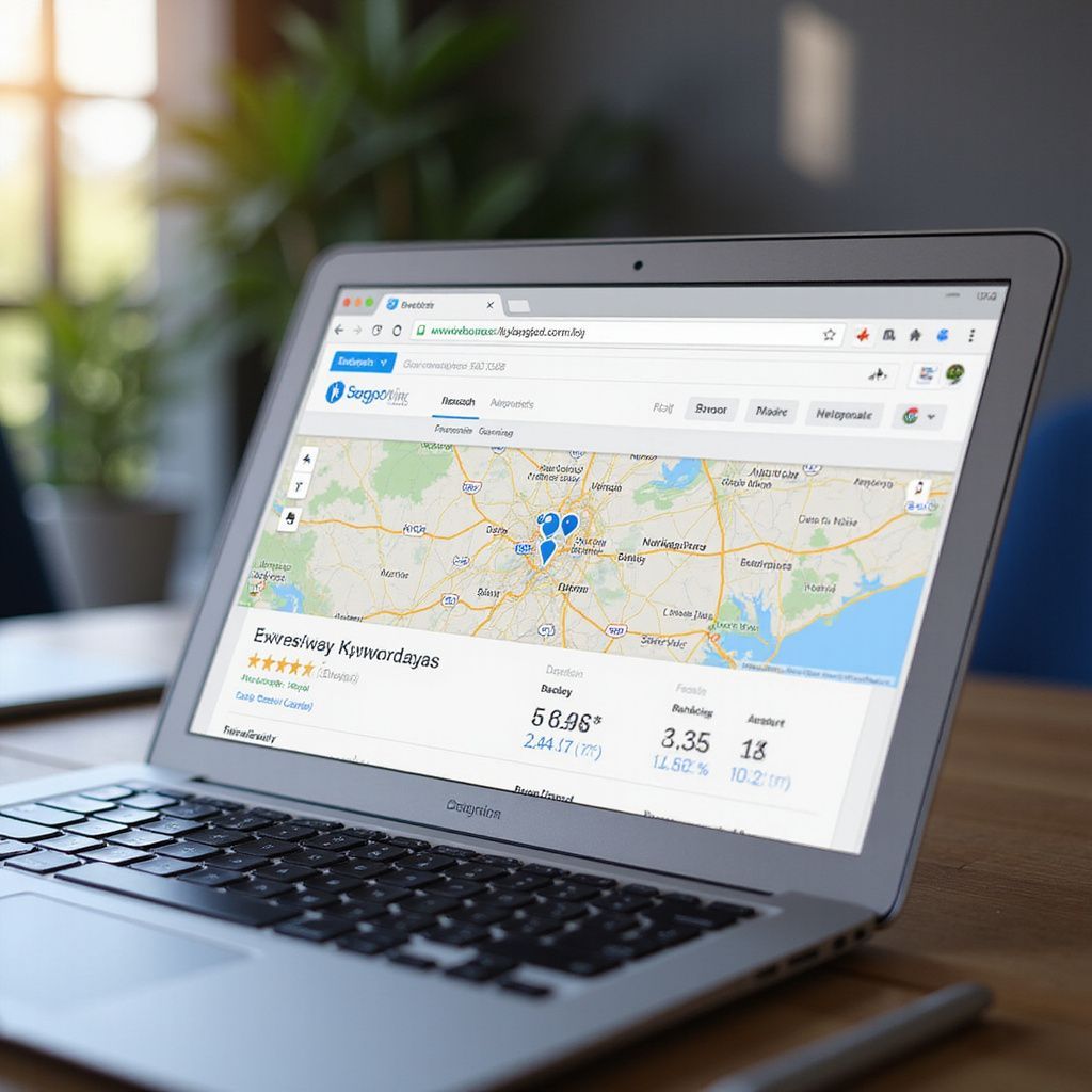 Laptop displaying a map with several markers, presumably showing locations.