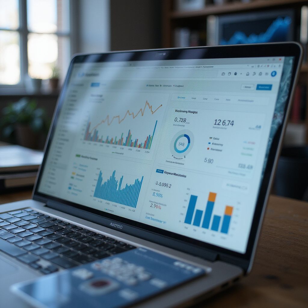 Laptop displaying colorful data charts and graphs, presumably analytics. Credit card beside laptop.
