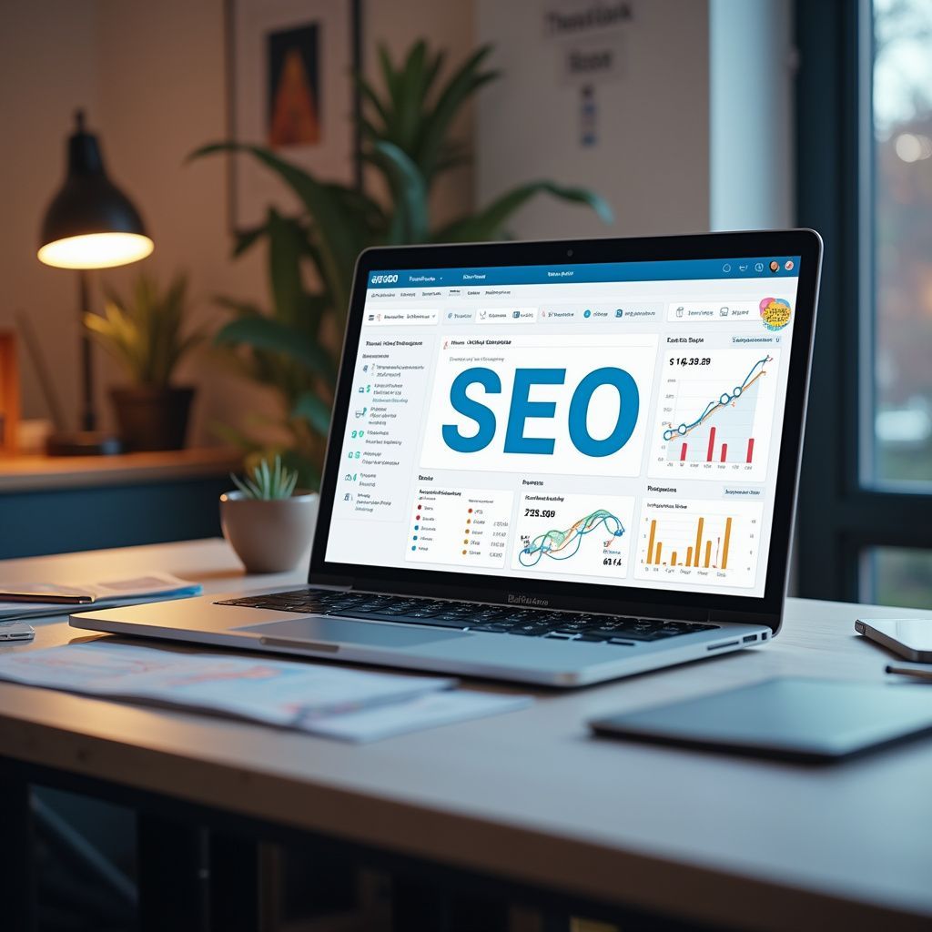 Laptop displaying "SEO" on a desk, with charts and data, in a home office.