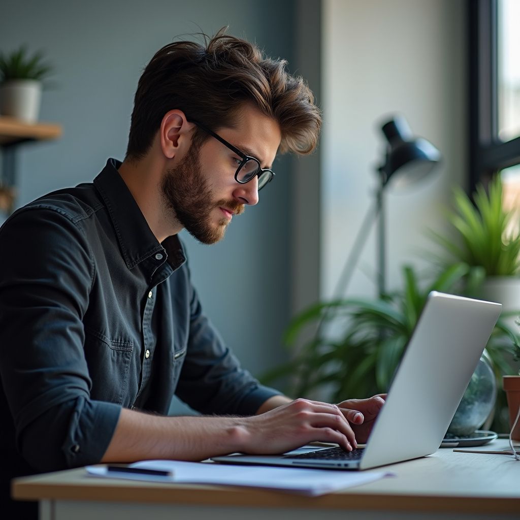 Man with glasses typing on laptop, in a room with plants, working on a desk.