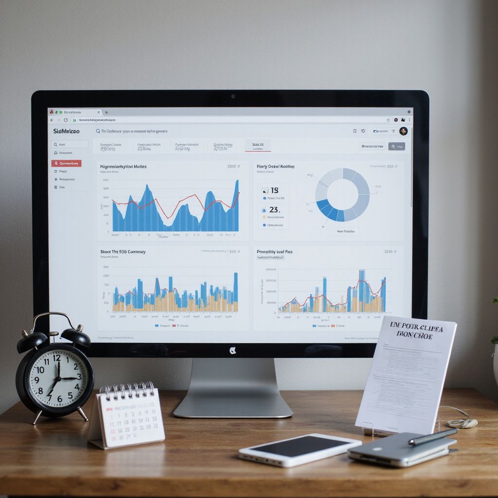 Desktop computer displaying financial data charts on a wooden desk with a clock, calendar, and phone.