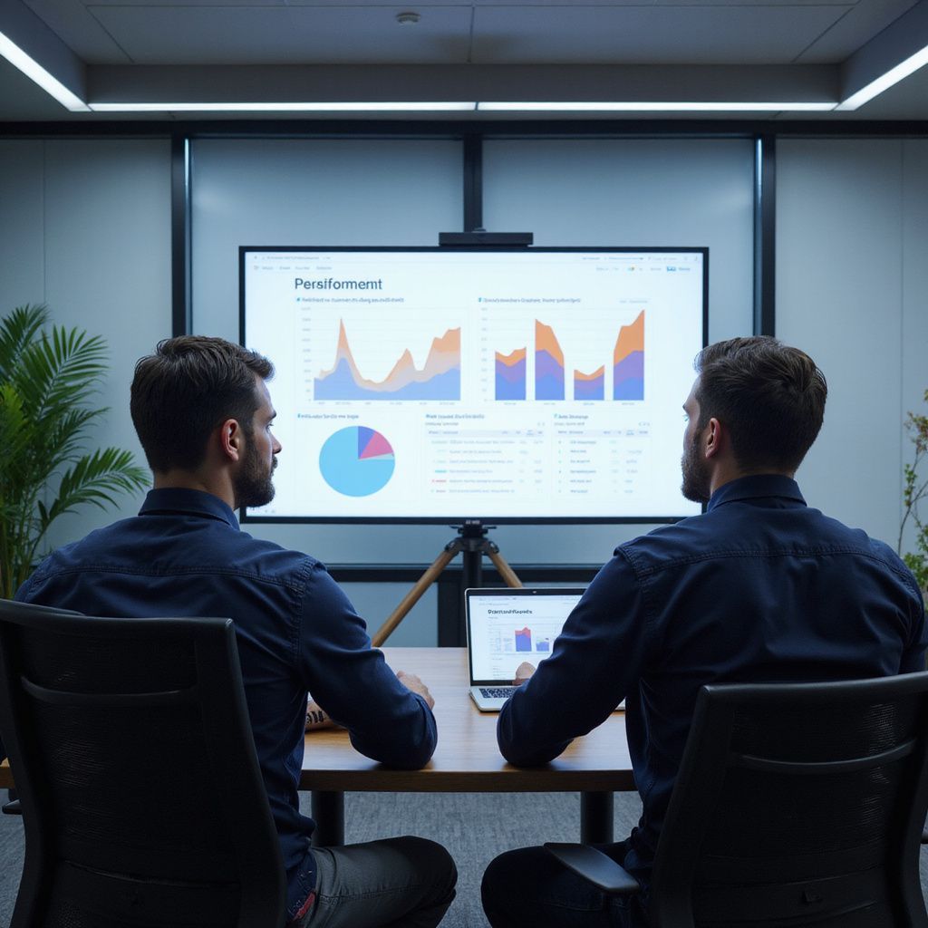 Two men in a meeting, analyzing data on a screen and laptop. Office setting.