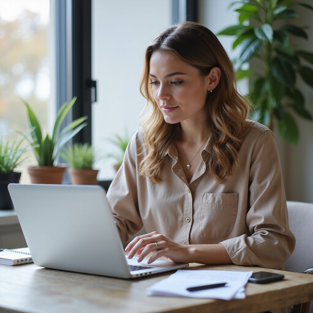 Woman sitting at a table using a laptop, looking down. Near a window with plants.