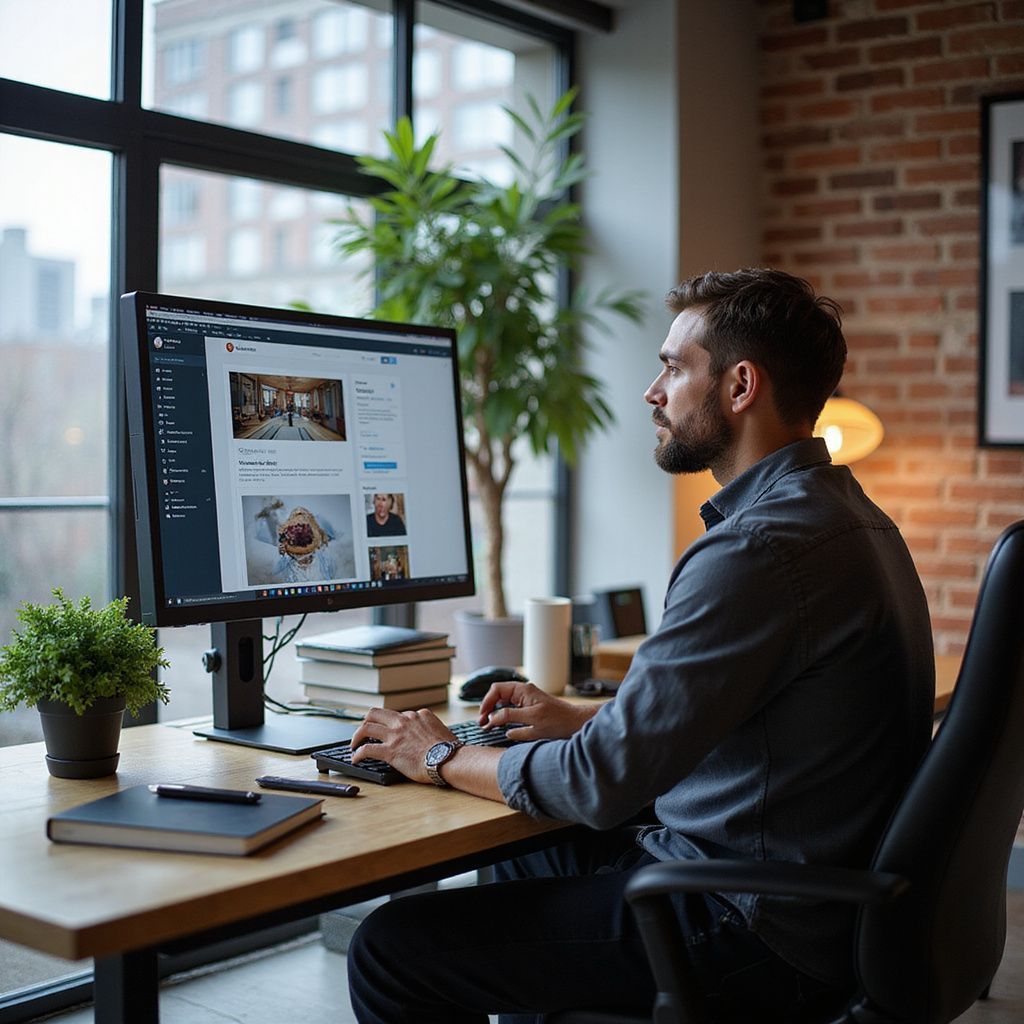 Man working on a computer at a desk in a modern office with a brick wall and window.