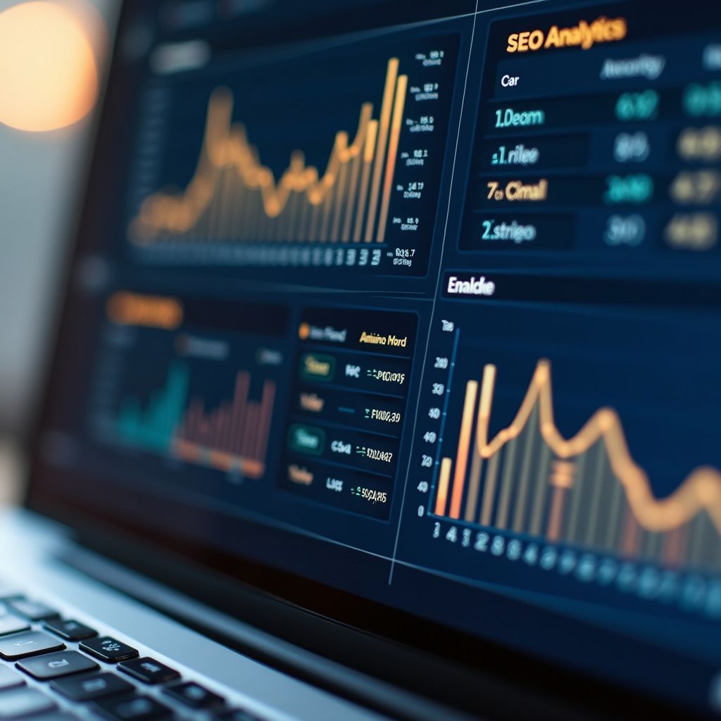 Laptop screen displaying SEO analytics charts with data visualizations and statistics.