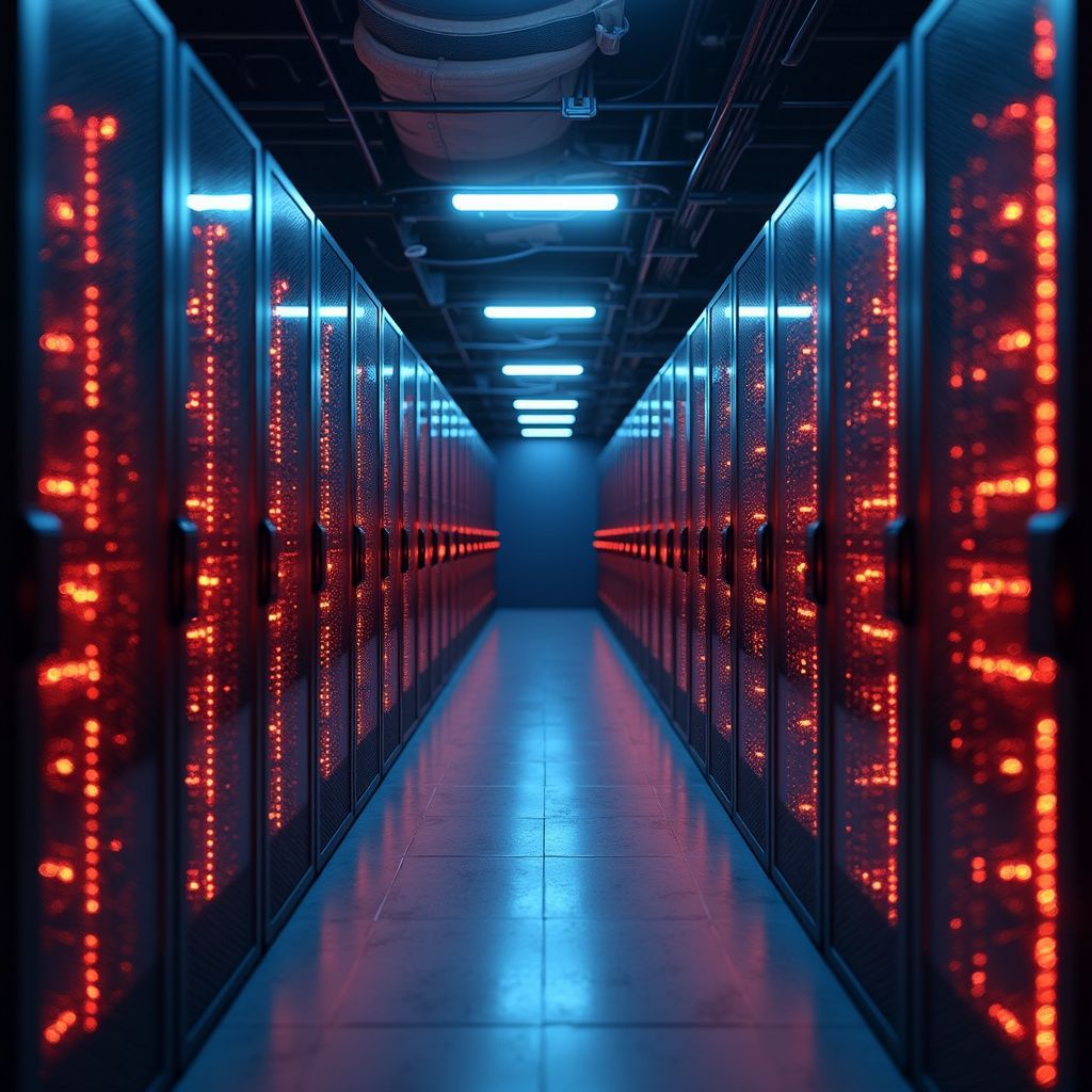 A long data center hallway, servers glowing red, blue-lit floor and ceiling.