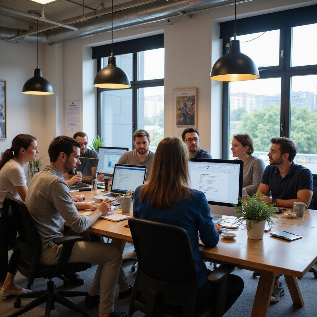 Group of people in an office meeting around a table with computers, natural light, discussing a project.