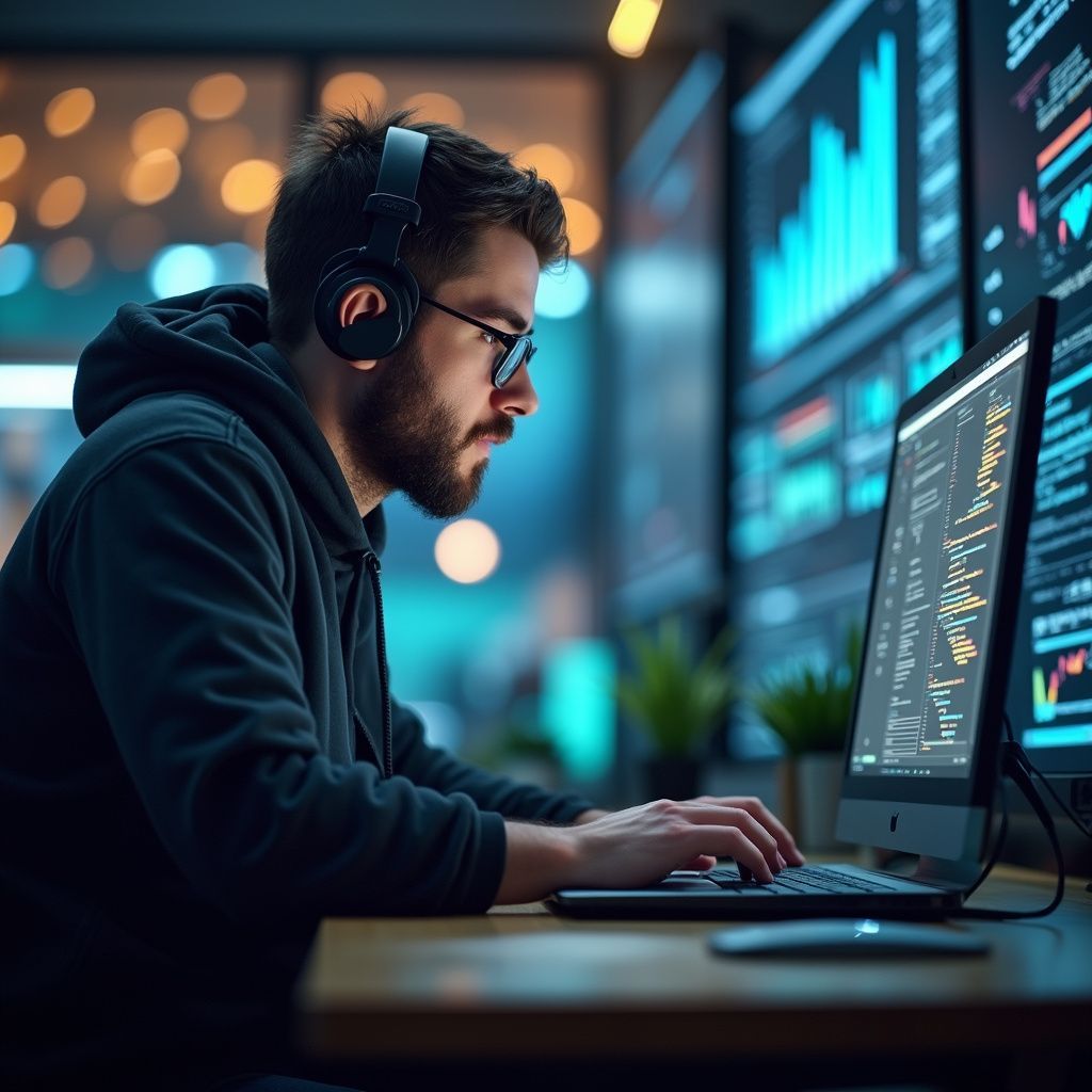 Man with glasses and headphones coding at a computer with data displays in a modern office setting.