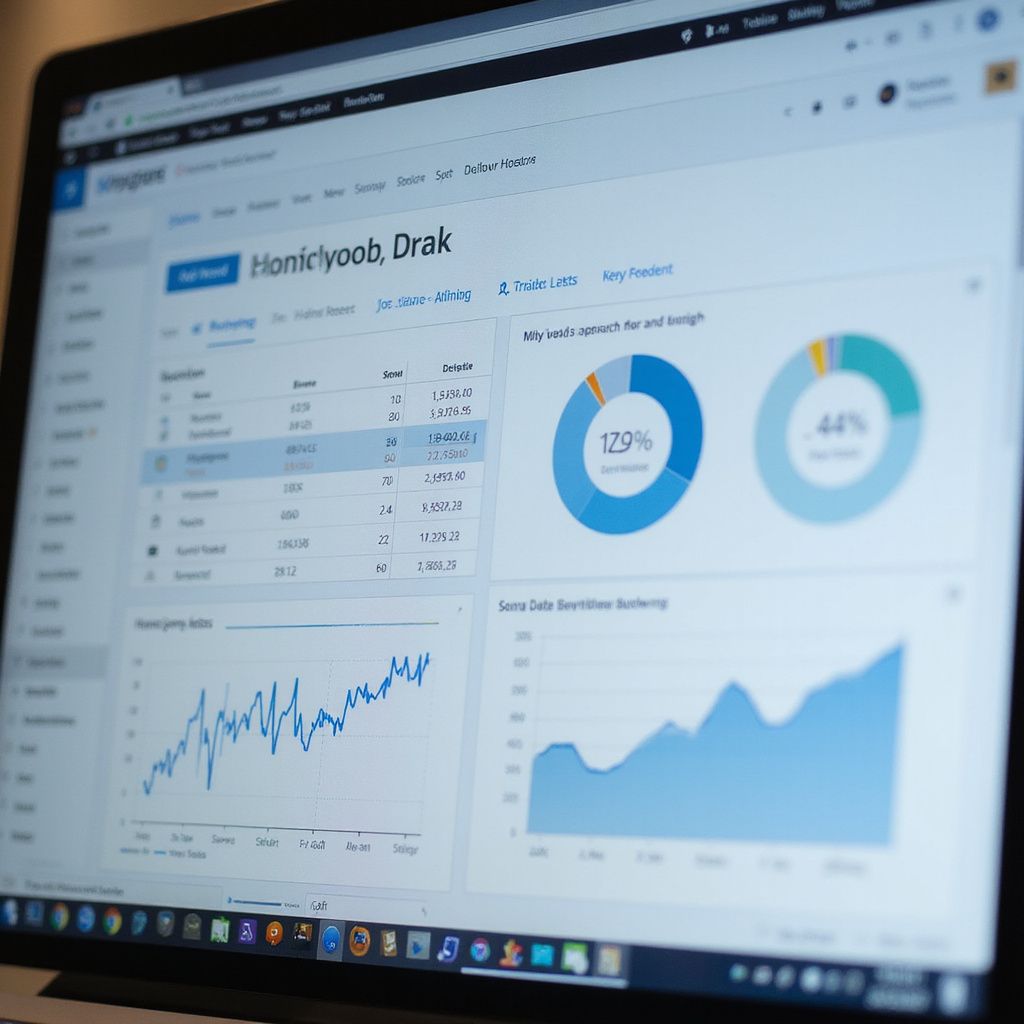 Laptop screen displaying data analytics dashboard with charts and graphs.