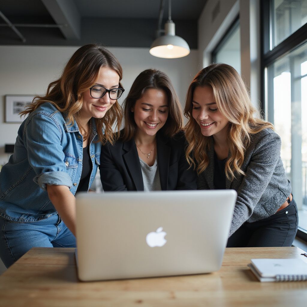 Three women smiling, looking at a laptop in a modern office.