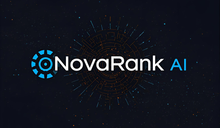 NovaRank AI logo: blue cogwheel, white text, and a burst of light on a dark background.