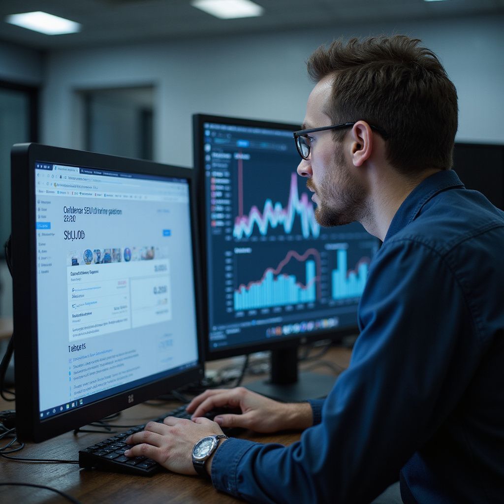 Man with glasses analyzes data on computer screens, possibly in an office setting.