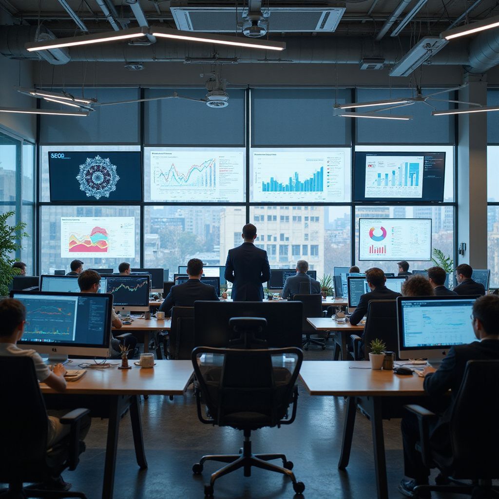 Office of analysts focused on data, monitoring screens with charts and graphs.