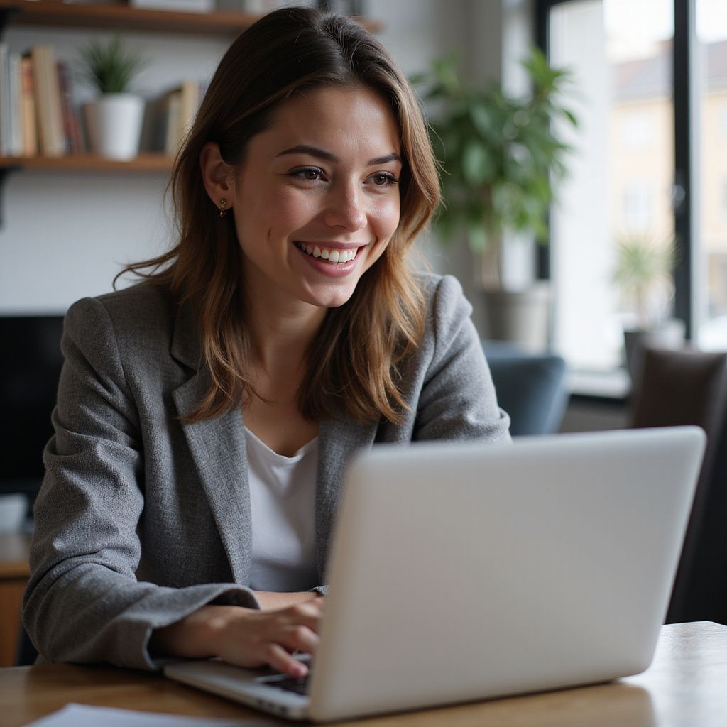 Woman smiling, typing on laptop at a desk, wearing a gray blazer, with a bookshelf and plants in the background.