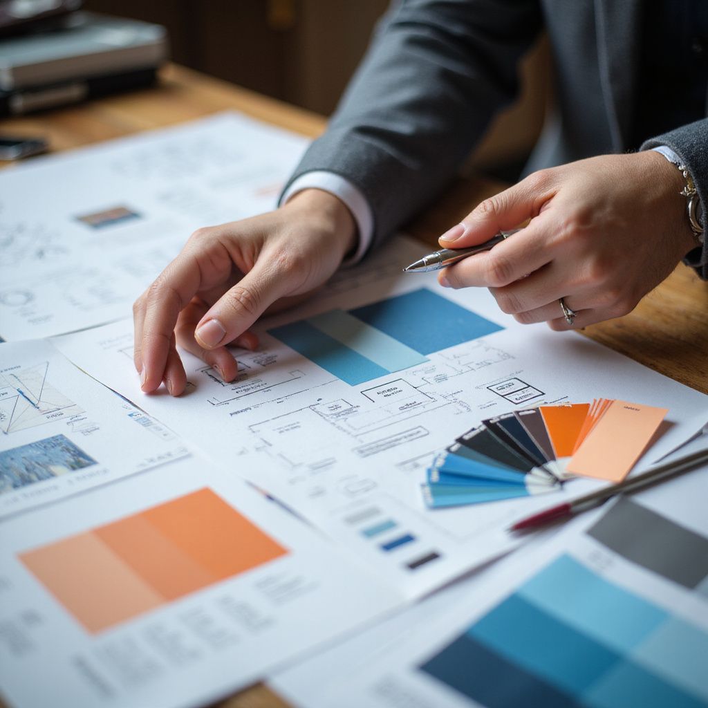 Person reviewing design concepts, color swatches, and graphs on a wooden desk.
