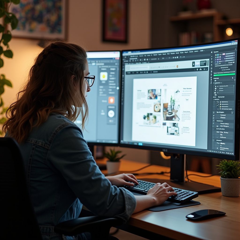 Woman in glasses working on a computer with dual monitors, likely designing a webpage at a desk.