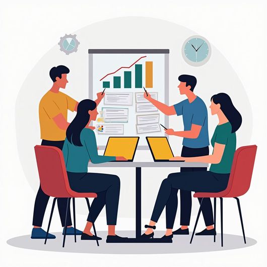 Team in meeting around table, reviewing a graph and data on a whiteboard.