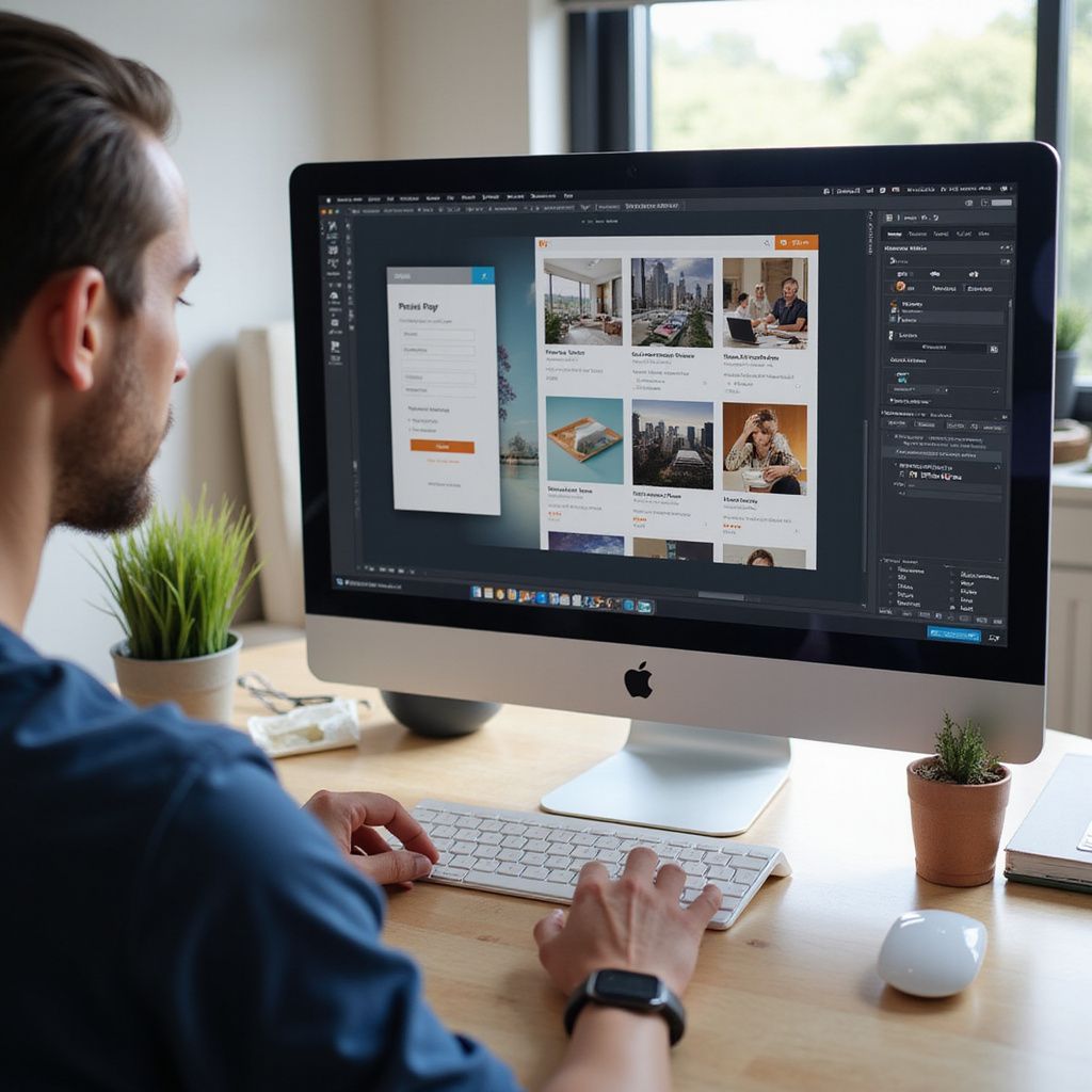 Man at desk, designing website on Apple monitor, using keyboard and mouse, with plants and notebook nearby.