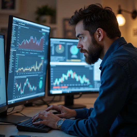 Man looking at stock charts on multiple computer screens, indoors.
