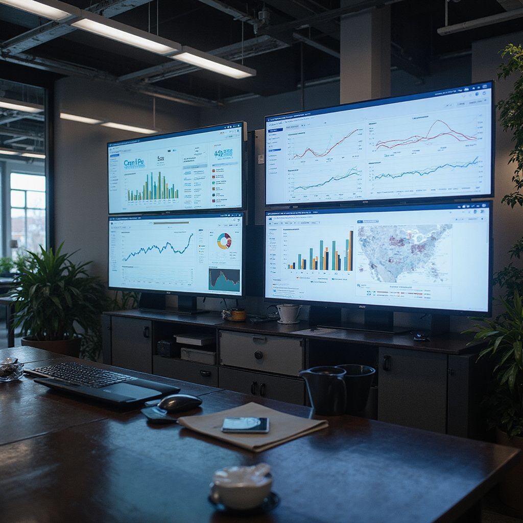 Office interior with data visualizations displayed on four large screens; plants and desk present.