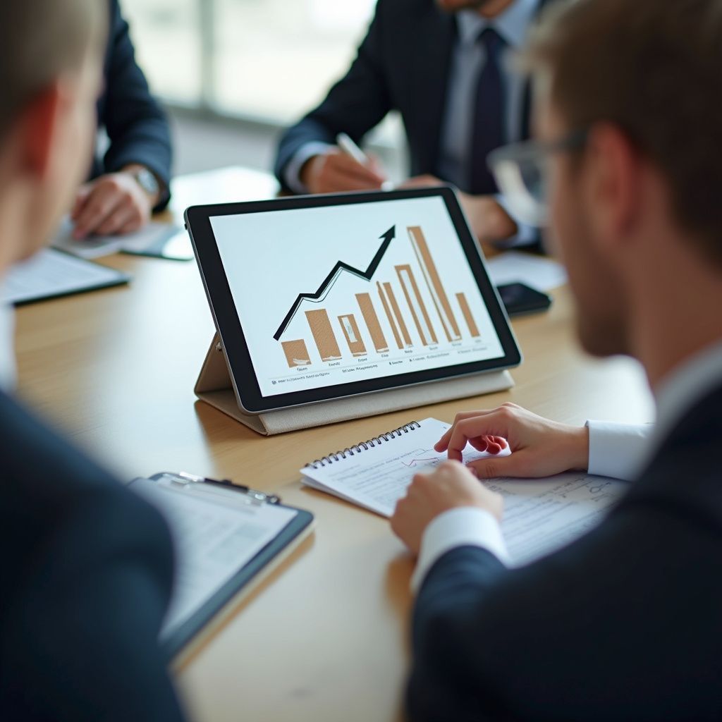 Business meeting: tablet displays rising financial graph. Attendees take notes.