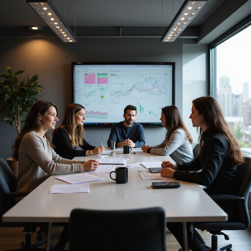 A business meeting in a modern office. Five people sit around a table looking at a screen with charts.