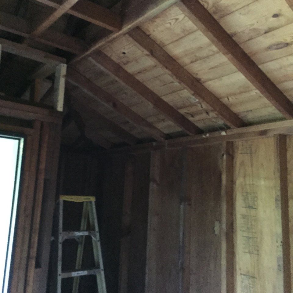 A wooden room with a ladder in the corner.