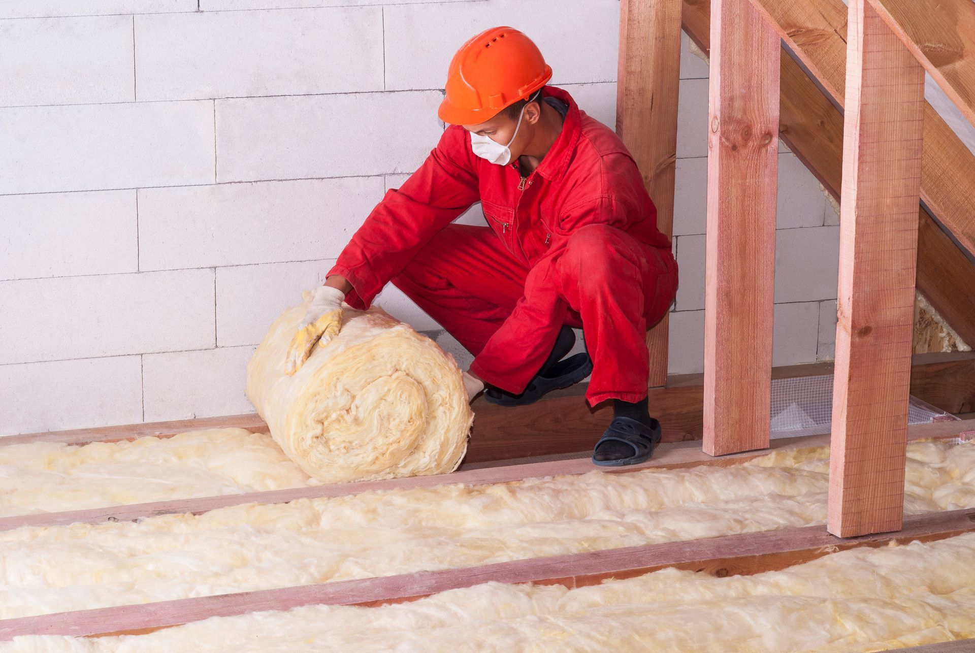 A man is kneeling down holding a roll of insulation.