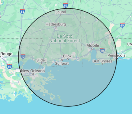 A map of the state of louisiana with a circle around it.