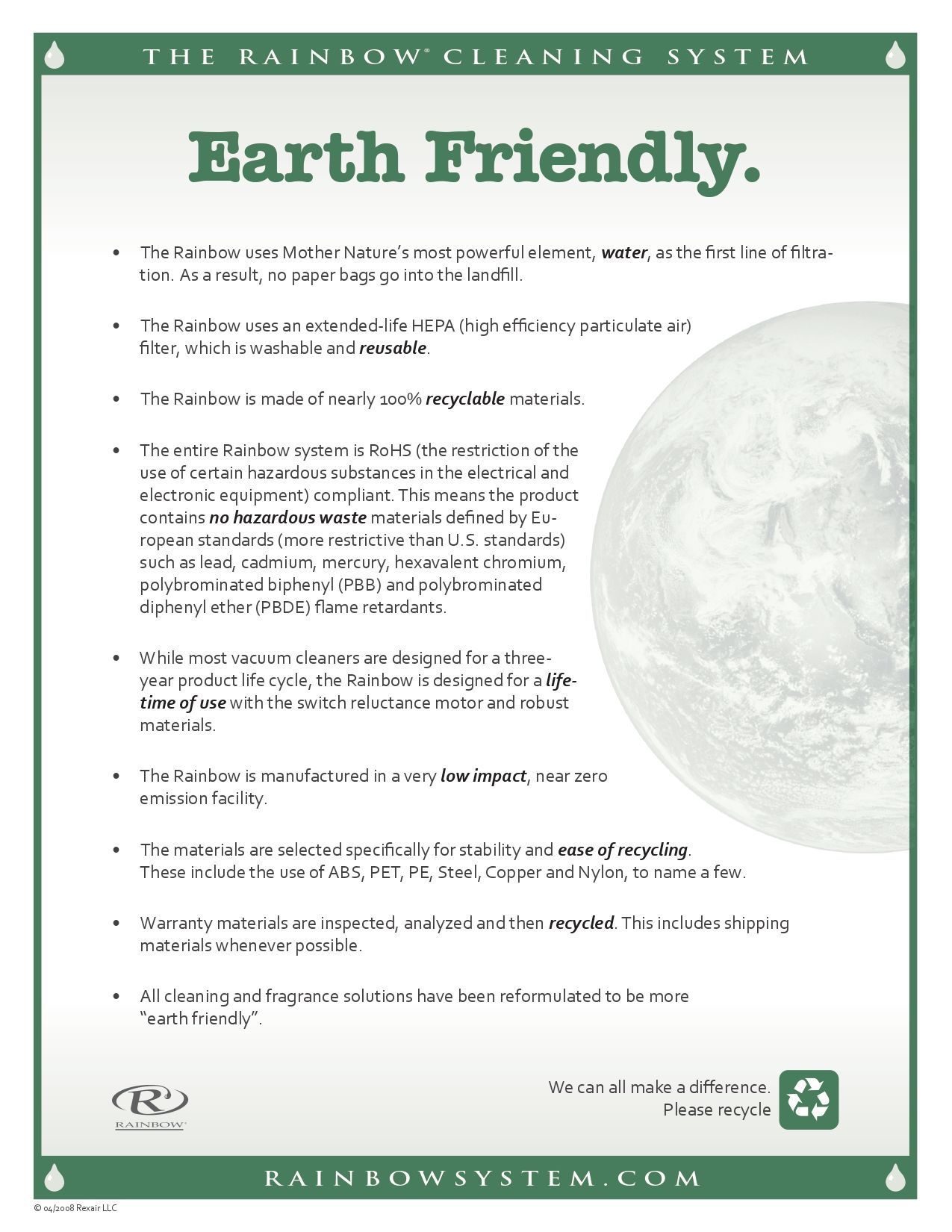 A poster for the rainbow cleaning system that says earth friendly.