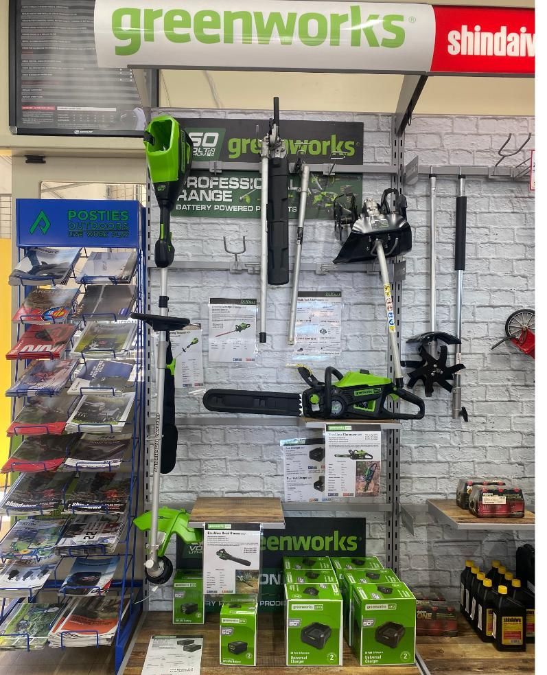 A Display Of Greenworks Tools In A Store — Posties Caravans Boats Small Engines Inverell In Inverell, NSW