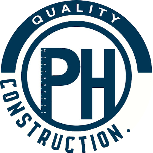 Dark blue logo: "PH" inside a circle with a ruler, "QUALITY" above, "CONSTRUCTION." below.