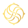 A gold, stylized emblem featuring four interwoven, curved lines forming a symmetrical, circular Celtic-style knot design.