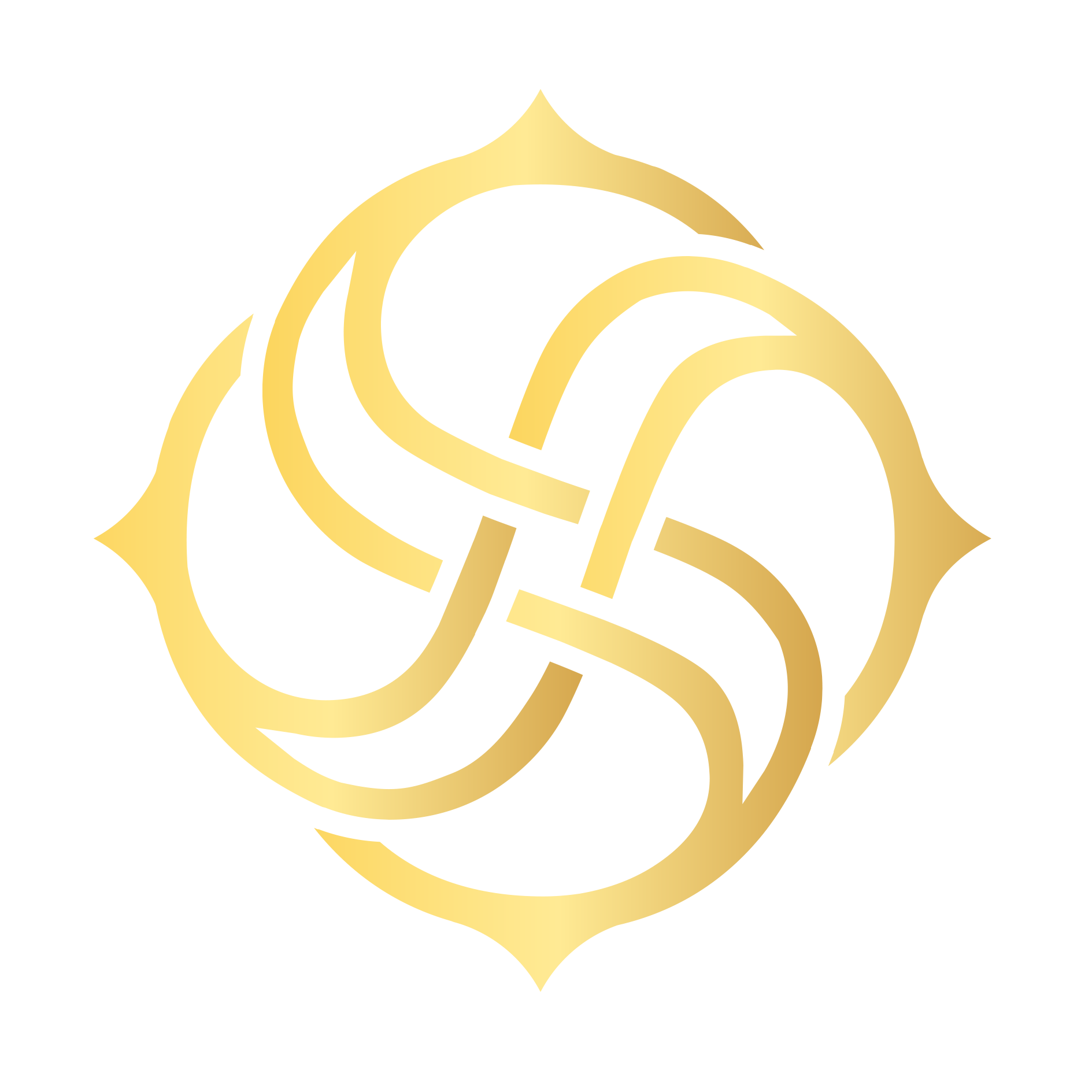 A gold, symmetrical emblem featuring four curved, interconnected segments forming a stylized knot-like pattern.