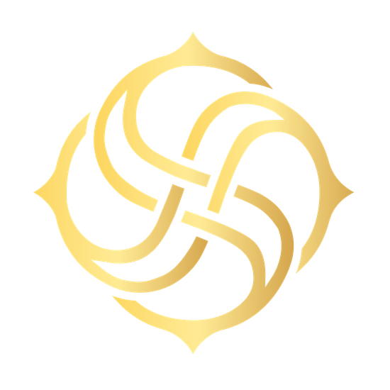 A gold, symmetrical emblem featuring four curved, interconnected segments forming a stylized knot-like pattern.