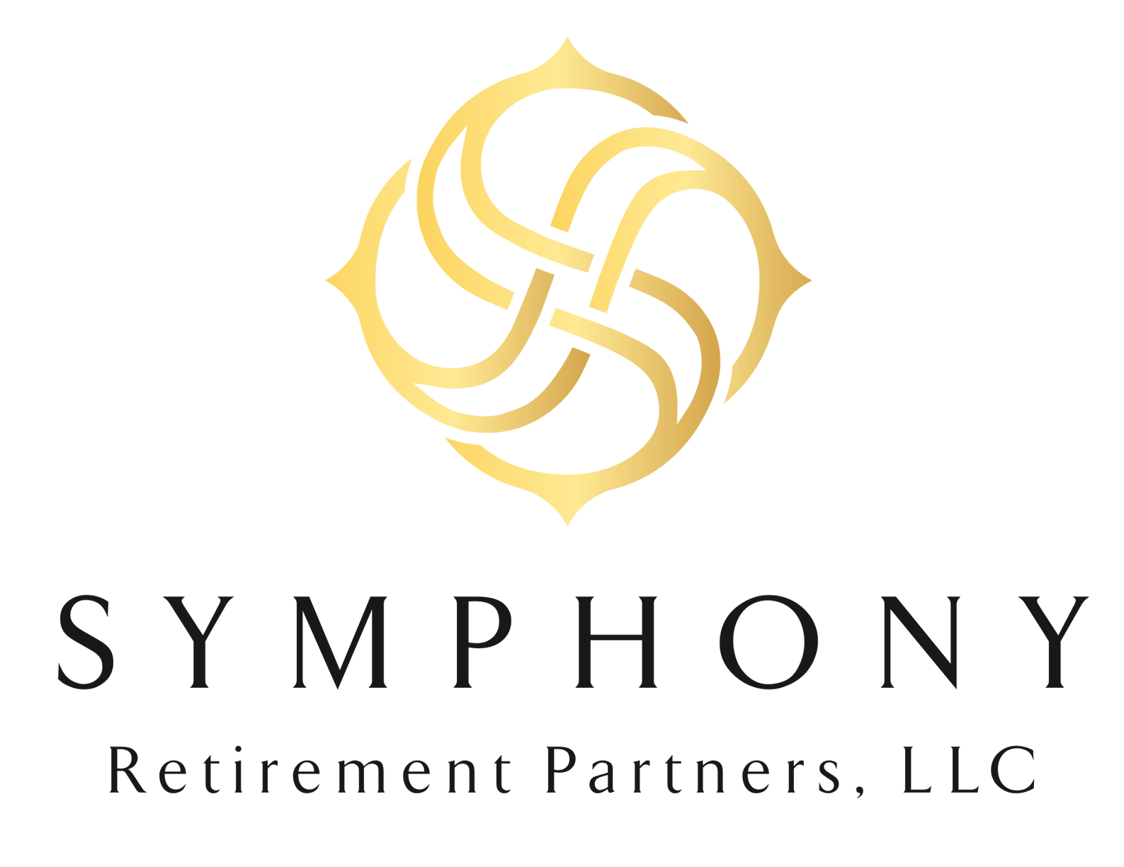 Logo for Symphony Retirement Partners, LLC featuring a gold abstract geometric icon above black text.