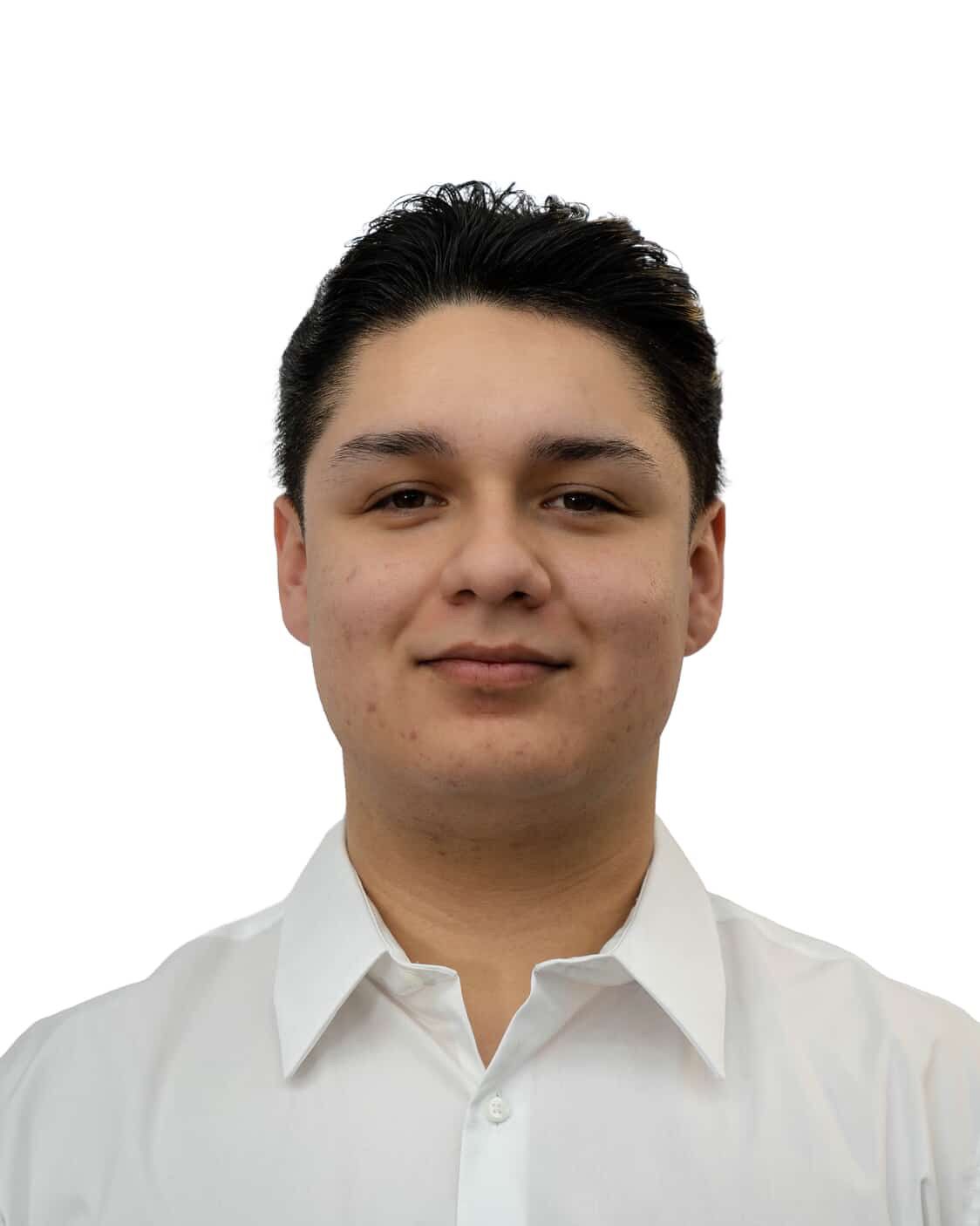 Man in white button-down shirt smiles at the camera, against a white background.