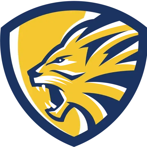 A yellow and blue lion emblem with its mouth open