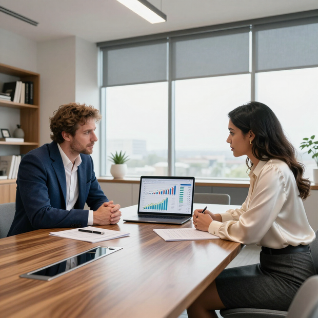 Two coworkers in a meeting across a desk, discussing charts on a laptop in a bright office