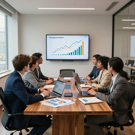 Business team in a conference room reviewing a growth chart on a screen around a wooden table