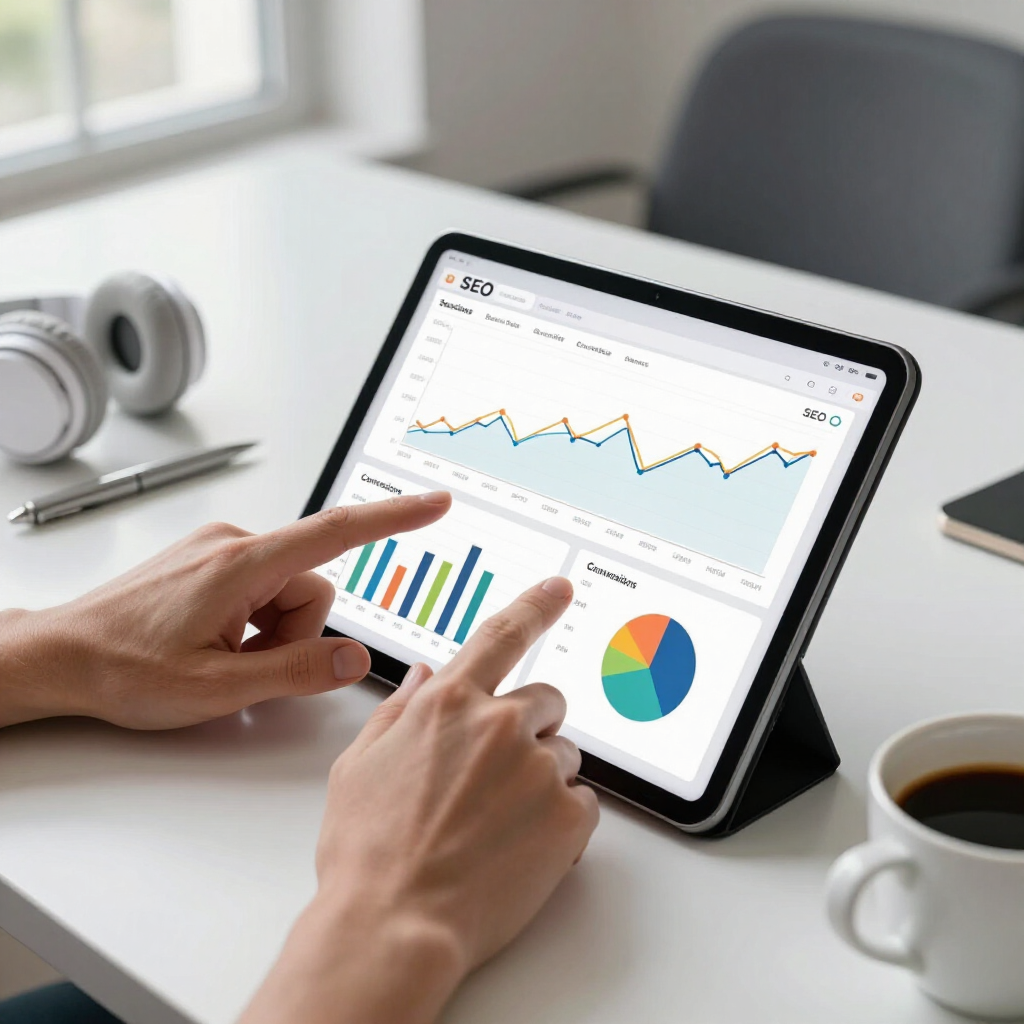 Hands tapping a tablet showing sales charts on a desk with coffee and headphones
