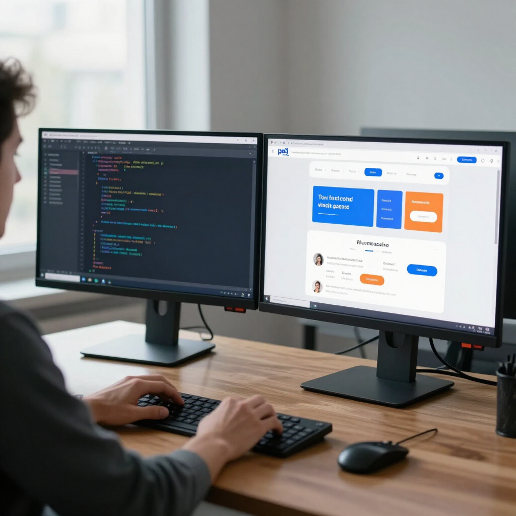 Person coding at a desk with dual monitors showing code and a dashboard interface
