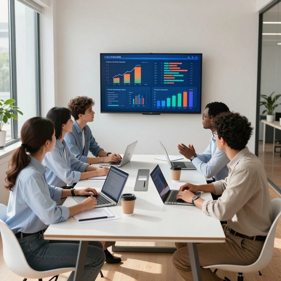 Team meeting in a bright office, reviewing analytics on a wall-mounted dashboard with laptops on the table