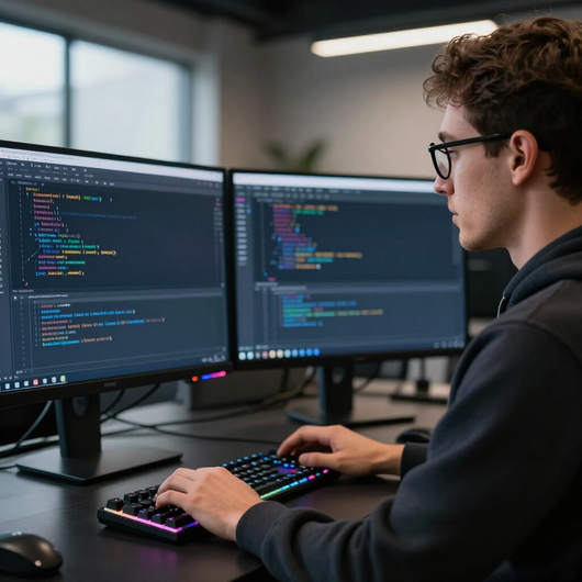 Developer coding at dual monitors in a modern office, typing on a rainbow-lit keyboard.