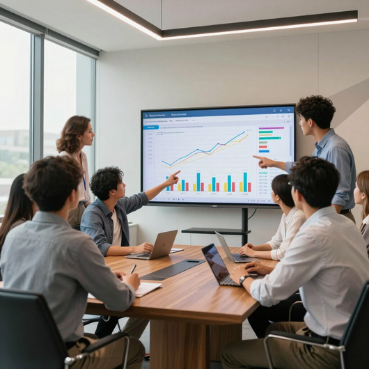 Team meeting in a conference room, pointing at a wall screen with charts and graphs.