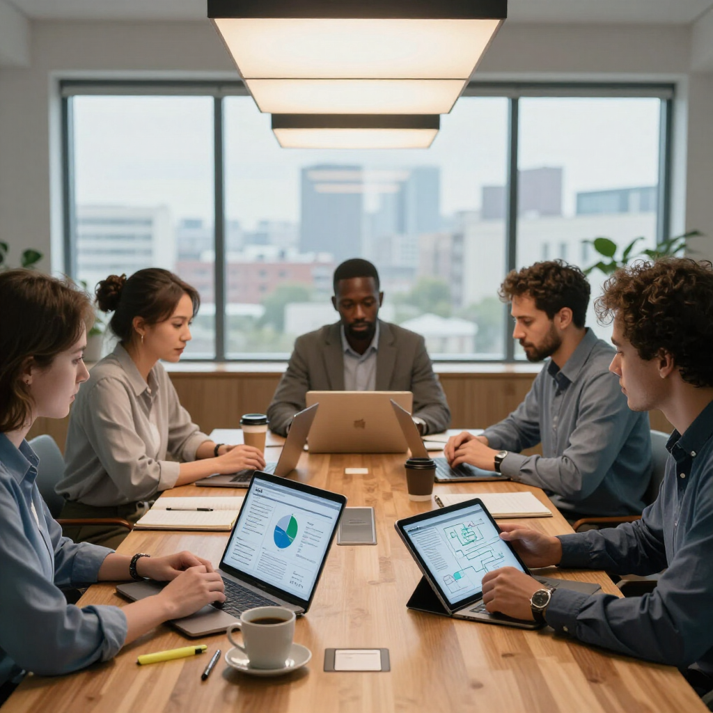 Team meeting around a conference table with laptops in a bright office room