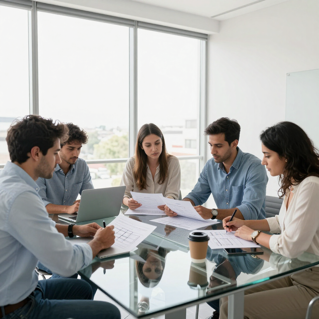 Five people in a bright conference room reviewing documents around a glass table