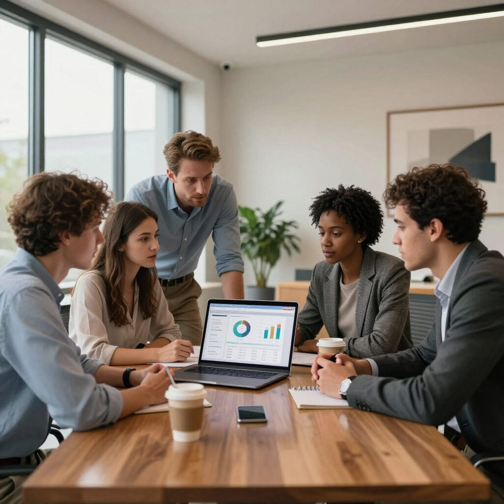 Colleagues gather around a laptop in a bright office meeting room, reviewing charts at a wooden table.